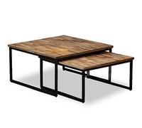 Tmriohed Lot de 2 tables basses en teck recyclé | Surface en bois robuste et structure en acier noir pour le salon. Duo de table basse coulissante pour économiser de l'espace.