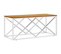 Tmriohed Table basse en bois d'acacia massif et acier inoxydable 110 x 45 x | Cette table de rangement élégante en bois noble et en acier inoxydable argenté apporte une touche moderne à votre salon et