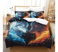 TNFHSOFT Housse De Couette 3D Le Loup de Glace et de feu, Douce Microfibre Hypoallergique avec Taies d'oreiller, Parure De Lit 3 Pièces pour Adultes Adolescents Enfants King（220x240cm）