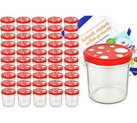 To 82 Lot de 50 bocaux en verre 350 ml champignon Couvercle Rouge à pois blanc avec livret de recettes Diamant gélifiant Magie Confiture Bocaux en verre pour conservation de confiture Couvercles dorés Capacité