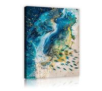 TOANGWALL Abstrait Océan Feuille Or Poster Impressions Bleu Canard Fluide Vague Toile Art Murale Côte Poisson Sable Plage Paysage Image Encadré Oeuvre pour Salon Chambre Studio Décor 80x120cm