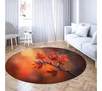 TOANGWALL Autumn Red Maple Leaves Round Descente de Lit 240cm Automne Nature Branche Rond Lavable antidérapant Poil Bas Fin Salle de ibliothèque Salle d'étude Rouge Orange Tapis