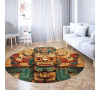 TOANGWALL Civilisation Maya Totem Tribal Ancien 180cm Tapis Rond pour Salle à Manger Vintage Lavable en Machine avec carpette antidérapante et Descente de lit Pliable pour Appartement
