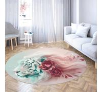 TOANGWALL Élégant White Tiger Rose Round Carpette 60cm Animal Fleur Rond Lavable antidérapant résistant Tache Chambre Chambre bébé Chambre invitée Rose Vert Tapis