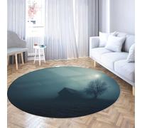 TOANGWALL Misty Night Cabin House Round Descente de Lit 160cm Arbre au Clair de Lune Rond Grand Pliable résistant Tache Couloir entrée Bureau Bleu Foncé Noir Tapis