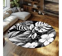 TOANGWALL Modern Monstera Palm Leaves Round Carpette 200cm Tropical botanique Fleur Rond Grand Pliable résistant Tache Couloir entrée Bureau Noir Blanc Tapis