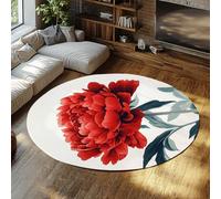 TOANGWALL Modern Red Peony Floral Round Tapis 90cm Grande Fleur botanique Rond Lavable antidérapant Poil Bas Fin Cuisine Salle Bain véranda Rouge Blanc Descente de lit
