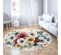 TOANGWALL Vintage Anemone Floral Round Tapis 240cm Bouquet rétro botanique Rond Lavable antidérapant Poil Bas Fin Salle de ibliothèque Salle d'étude Crème Multicolore Descente de lit