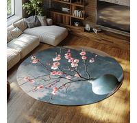 TOANGWALL Vintage Cherry Blossom Vase Round Descente de Lit 200cm Branche Fleur Prunier Rond Lavable antidérapant Poil Bas Fin terrasse véranda Studio Bleu Rose Tapis