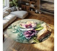 TOANGWALL Vintage Flower Book Round Descente de Lit 120cm Aquarelle Bouquet Paysage Rond Lavable antidérapant Poil Bas Fin bibliothèque Salle de Classe Studio Violet Vert Tapis