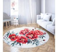TOANGWALL Vintage Red Peony Floral Salon Round Tapis 170cm élégant Bouquet botanique Rond Grand Pliable résistant Tache Chambre Salle de Classe Salle d'étude Rouge Blanc Descente de lit