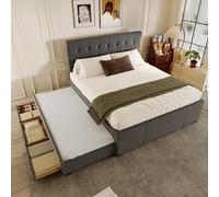 TOBIDOEN Lit capitonné 140 x 200 cm avec sommier à lattes 90 x 190 cm, lit gigogne avec 3 tiroirs et tête de lit réglable, cadre de lit double avec sommier à lattes, lin, sans matelas, gris