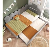 TOBIDOEN Lit de jour 90 x 200 cm avec lit gigogne 90 x 190 cm, joli design couronne, lit d'appoint peu encombrant pour chambre d'enfant et chambre d'amis, sans matelas, tissu velours, style A, gris