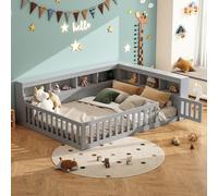 TOBIDOEN Lit de sol, pour enfant, 140 x 200 cm, côté du lit, avec compartiment de rangement, design auxiliaire et clôture ouverte, cadre de lit avec sommier à lattes, panneau de particules, gris