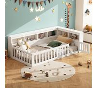 TOBIDOEN Lit de sol, pour enfant, 90 x 200 cm, côté du lit, avec compartiment de rangement, design auxiliaire et clôture ouverte, cadre de lit avec sommier à lattes, panneau de particules, blanc