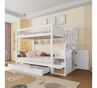 TOBIDOEN Lit superposé, 90 x 200 cm, avec 2 tiroirs et armoire, en bois, avec escalier de rangement et étagère ouverte, avec protection anti-chute et sommier à lattes, pour 2 enfants, sans matelas