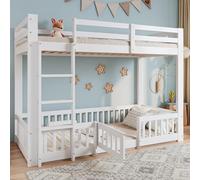 TOBIDOEN Lit superposé en bois, pour 2 enfants, 90 x 200 cm, avec échelle de sécurité, protection anti-chute, garde-corps et porte, espace de création libre sous le lit, blanc