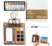 Tobios Lot de 5 mini aquarelles de poche avec palette en bois et accessoires, 1 palette, 1 livre de dessin, 1 stylo plume, 1 boîte de couleur, 1 boîte de peinture aquarelle