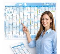 TOBJA Calendrier scolaire A1 2026/2027 « Sky Blue » - 14 mois août 2026 à septembre 2027, vacances/jours fériés DE & AT, 150 g, inscriptible, plié | Calendrier mural 2026-2027