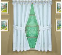 Today's Curtain Verona Paire de Panneaux de fenêtre brodés inversés et embrasses, 183 cm, Blanc/Bleu