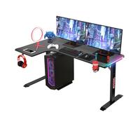 Todeco Bureau d'angle, Bureau en L Bureau Gaming LED 140 x 100cm, Grande Bureau Gamer avec Un Plateau en Fibre de Carbone, avec Porte-gobelet et Crochet pour Casque
