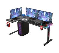 Todeco Bureau d'angle, Bureau en L Bureau Gaming LED 160 x 100cm, Grande Bureau Gamer avec Un Plateau en Fibre de Carbone, avec Porte-gobelet et Crochet pour Casque
