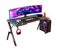 Bureau gaming led 160 x 60cm, grande bureau gamer avec un plateau en fibre de carbone, ergonomic bureau avec tapis de souris, porte-gobelet et croche