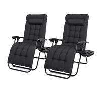 Todeco Chaise Longue Pliante 2 in 1 avec Coussin Amovible, Lot de 2, Noir | Porte-gobelet, d’accoudoirs Réglables, Respirantes Textilène, Bain de Soleil pour la Piscine de Jardin