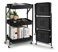 Todeco Desserte à roulettes Pliante, Chariot Mobile à 3 Niveaux, Chariot de Cuisine, Pas d'assemblage, 46 x 29 x 78 cm, pour Cuisine, Bureau, Salle de Bain, Vestiaire (Noir)