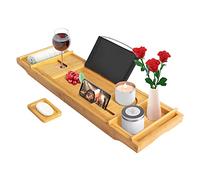Todeco Pont de Baignoire Extensible Bambou, Plateau Planche avec Porte-Livre, Porte-Verre, Porte-Bougie et Support pour Telephone, Planche de Bain en Bois de Luxe, Noir