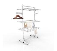 Todeco Etendoir à Linge intérieur, Séchoir à Linge Pliant 3 étagères, Blanc | avec Barre Supérieure, Tubes en Acier Inoxydable, Charge maximale 3 kg par Barre de Support, Ailes réglables en Hauteur