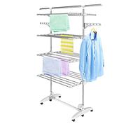 Etendoir à Linge, Etendage à Linge, 4 étagères, Blanc, Avec des ailes et une barre supérieure étendue, Tubes en acier inoxydable