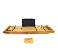 Todeco Pont de Baignoire Extensible Bambou, Plateau Planche avec Porte-Livre, Porte-Verre, Porte-Bougie et Support pour Telephone, Planche de Bain en Bois de Luxe, Noir