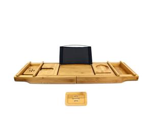 Todeco Pont de Baignoire Extensible Bambou, Plateau Planche avec Porte-Livre, Porte-Verre, Porte-Bougie et Support pour Telephone, Planche de Bain en Bois de Luxe, Noir