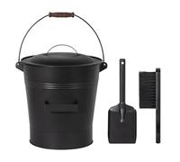 Todeco Seau à Cendres Métallique 19 L avec Couvercle, Pelle et Balayette | Revêtement antirouille, résistant à la chaleur, poignée en bois, pour cheminée, poêle à bois ou barbecue