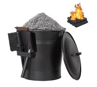 Todeco Seau à Cendres avec Couvercle, Pelle et Brosse, Seau à Charbon en métal 24 litres avec Anse pour Cheminée Intérieure et Extérieure, Noir