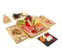 Todeco Set Plateau À Fromage En Bambou, Plateau À Fromage Avec Ensemble Couteau Et Fourchette Et Tiroir Coulissant, 1 Ardoise Et 4 Dessous De Verre