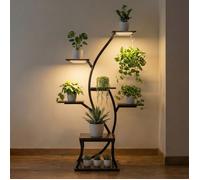 Todeco Support Pour Plantes Avec Lumiere De Croissance, 7 Niveaux, 115cm En Metal Et Bois, Etagere A Plantes En Forme D'arbre Pour La Maison
