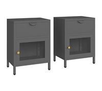 Todiikf Lot de 2 tables de chevet anthracite en acier et verre - 40 x 30 cm | Table d'appoint moderne duo pour chambre à coucher en métal robuste avec un tiroir et un élément en verre.