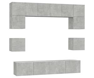 Todiikf Lot de 8 meubles TV - Montage mural - Gris béton - En bois | Armoire suspendue moderne de 8 pièces pour le salon avec beaucoup d'espace de rangement fermé et surface d'entretien lisse.