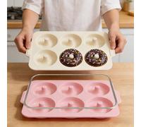 Toeusog Moule Donuts Silicone 2-Pièces: 6 Cavités Grand Moule à Beignets | avec Poignées pour Four - Antiadhésif Grande Moules en Forme de Donut pour Cuisine - Moule Gâteau Bagels sans BPA(Rose&Beige)