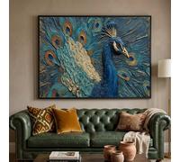 Toile à motif de plumes de paon, tableau texturé représentant un oiseau bleu, œuvre d'art animalière pour la décoration intérieure, peinture sur toile prête à accrocher (80 x 120 cm/sans cadre)