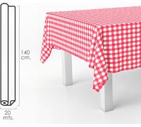 Toile cirée rectangulaire à carreaux rouges. PVC imperméable et anti-salissures 140 cm. x 20 mètres. Rouleau découpable. Intérieur et extérieur