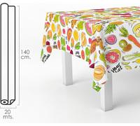 Toile cirée rectangulaire "Fantasy Fruits". PVC imperméable et anti-salissures 140 cm. x 20 mètres. Rouleau découpable. Intérieur et extérieur