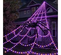 Toile d'araignée géante pour Halloween - Décoration d'extérieur - 550 LED | Grande toile d'araignée lumineuse violet/orange de 5 m, 8 modes d'éclairage avec grande araignée artificielle de 152,4 cm