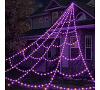 Toile d'araignée géante pour Halloween - Décoration d'extérieur - 550 LED | Grande toile d'araignée lumineuse violette et orange de 5 m - 8 modes d'éclairage - Minuteur pour extérieur, cour, intérieur