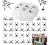 Toile d'araignée pour décoration d'Halloween - 300 g - Blanc - Extensible - Avec 50 araignées noires horreurs - Toile d'araignée réaliste - Décoration effrayante - Pour fête, intérieur, extérieur