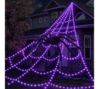Toile d'araignée pour Halloween - Décoration extérieure - Violet - Toile | Grande toile d'araignée de 5 m, décoration lumineuse à 550 DEL, 8 modes d'éclairage avec grande araignée artificielle de