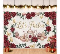 Toile de fond de Noël Motif floral Poinsettia 180 x 109 cm | Thème botanique pour thé, toile de fond pour photographie, lettrage élégant, accents floraux d'hiver