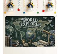 Toile de fond en forme de globe - Carte éducative vintage - Télescope d'exploration - Vert - Pour intérieur ou extérieur - Pour fête, événement, célébration - 180 x 109 cm